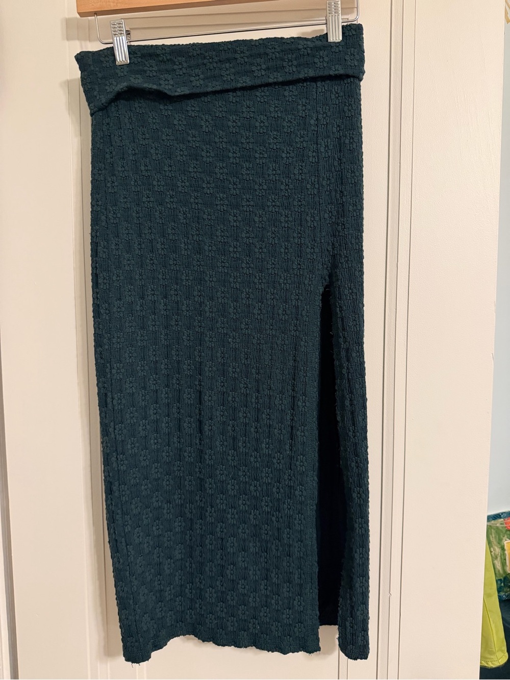 Free People Flower Texture Dark Teal Midi Skirt with Side Slit